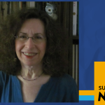 Smiling person with curly hair and glasses, in front of a bookshelf. Text on the right reads ‘SUNY Empire News.’
