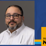 Headshot of a man with glasses, beard, and white shirt on a gray background. The photo is framed by a blue and gold border with the SUNY Empire News logo in the bottom right corner.