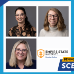 Three smiling women in individual portraits above the Empire State University Empire Online logo with the text Behind the Scenes.