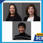 Collage of three women smiling in professional headshots. The top row shows two women side by side, and the bottom row shows one woman centered. In the lower-right corner, a graphic reads ‘Behind the Scenes.’ A blue background with a white torch emblem appears on the left.