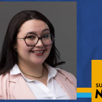 Smiling woman in glasses and pink blazer next to SUNY Empire News logo.