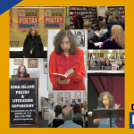 Collage of a woman reading and presenting poetry at festivals, libraries, and community events, with signs for Dodge Poetry Festival and Long Island Poetry & Literature Repository.
