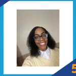 A photo of a person with glasses and cream colored shirt smiling with a 5 minute feature graphic in the background.
