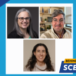 Three individual portraits: a smiling woman with gray hair and glasses, a smiling man with gray hair and glasses in a home office, and a smiling woman with long dark curly hair in a beige sweater.