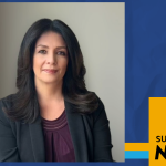 Portrait of Gloria Kramer with long dark hair wearing a black blazer and maroon top, seated against a neutral background, framed within a SUNY Empire News graphic template.