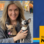 Cindy Bradley smiling while holding two small dogs, a tan Chihuahua named Anakin Skywalker, and a black-and-white Chihuahua named Moxie, seated outdoors on a sidewalk, framed in a SUNY Empire News graphic template.