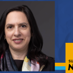 Portrait of Sabrina Fuchs-Abrams with dark shoulder-length hair wearing a black top and patterned scarf, set against a neutral background, framed in a SUNY Empire News graphic template.