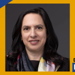 Portrait of Sabrina Fuchs-Abrams with dark shoulder-length hair wearing a black top and patterned scarf, set against a neutral background, framed in a SUNY Empire “Deep Dive” graphic template.