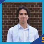 Portrait of Griffin Fuetsch with dark hair wearing a white shirt and light blue stole, standing in front of a brick wall, framed in a SUNY Empire “5 Minute Feature” graphic template.