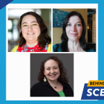 Graphic with a blue gradient background and a white panel showing three women’s headshots (two on top, one centered below). Top left: Jennifer Collins with shoulder-length dark wavy hair smiles, wearing yellow eyeshadow, a red floral top, and a yellow cardigan; the background is softly blurred. Top right: Sara Hull with straight dark hair and a slight smile wears a green top; behind her is an indoor setting with a blue floral painting and a doorway. Bottom center: Heather Shalhoub with short, curly reddish-brown hair smiles broadly, wearing a black jacket over a green top and a long gold spiral earring; the background is plain gray. A small shield logo with a flame appears in the top left. Bold text in the bottom right reads “Behind the Scenes."
