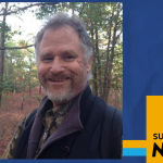 a photo of John Turner standing in a wooded area, framed by the blue, orange, and black SUNY Empire News graphic