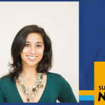 Graphic with a blue and gold layout featuring a portrait of Noor Syed smiling with dark shoulder-length hair wearing a green top and layered necklace. A SUNY Empire shield logo and the text “SUNY Empire News” appear on the right.