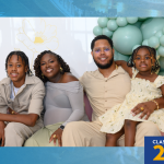 a photo of Elahni Ocean with her husband and two children, framed by the blue, orange, and white "Class of 2026" graphic