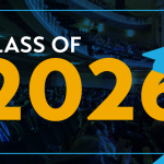 Graphic reading “Class of 2026” over a photo of a graduation ceremony audience, with a blue graduation cap icon and school logo.
