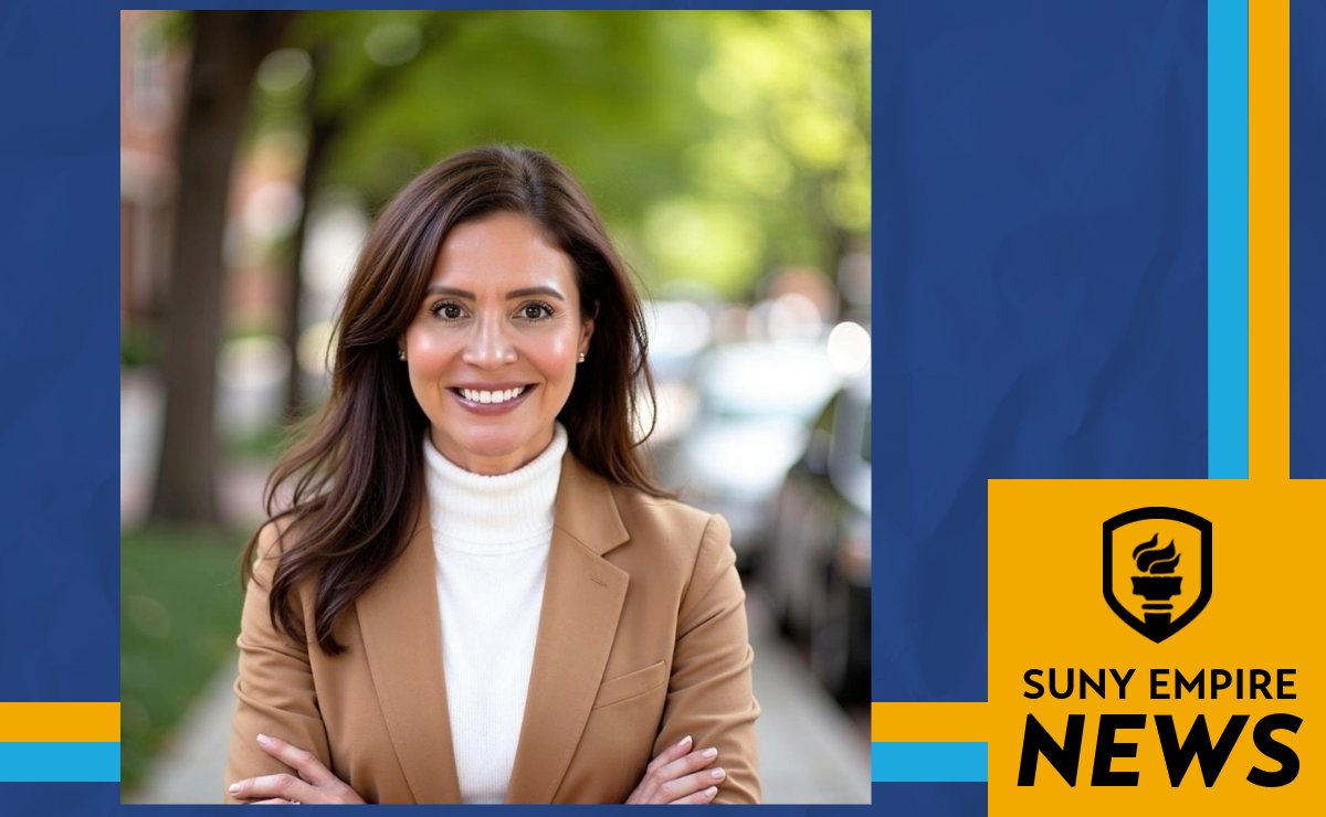 SUNY Empire News graphic with photo of a person in a tan blazer with trees in the background
