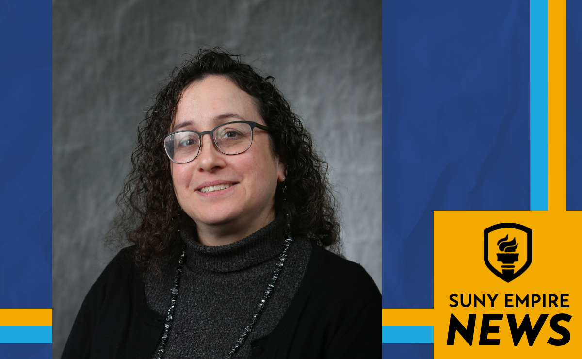 SUNY Empire News graphic with a photo of a person smiling with glasses against a gray backdrop