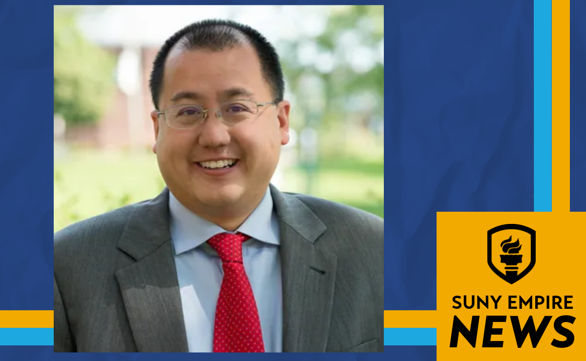 a photo of Alex Yin framed by the blue, orange, and black SUNY Empire News graphic