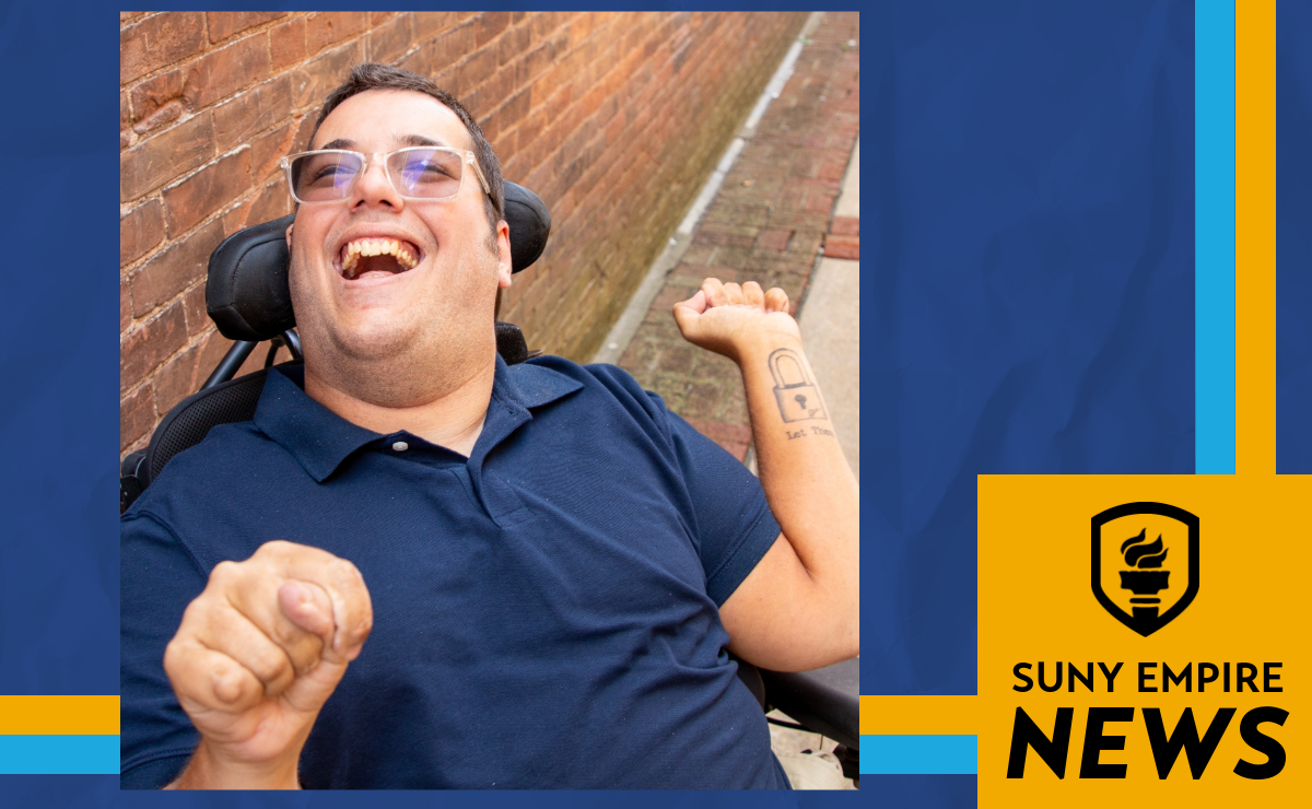 Andy O'Rourke wearing glasses and a navy blue polo shirt laughs while seated in a wheelchair outdoors, displayed on a SUNY Empire News graphic.