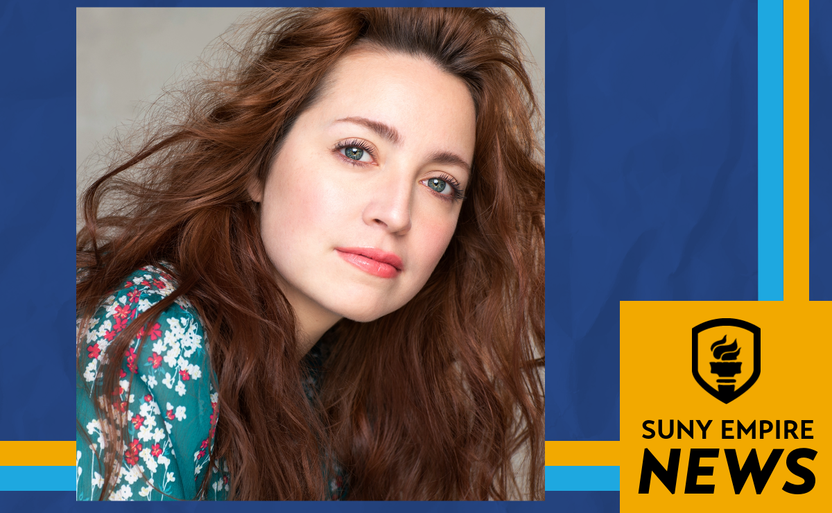 A photo of Katherine Kemmet framed by the blue, orange, and black SUNY Empire News graphic